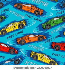 Abstract seamless pattern with speed race. Extreme speed sports cars illustration. Trendy Urban colorful style backdrop. Grunge, neon texture pattern. Textiles, print, wrapping paper, t-shirts.