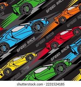 Abstract seamless pattern with speed race. Extreme speed sports cars illustration. Trendy Urban colorful style backdrop. Grunge, neon texture pattern. Textiles, print, wrapping paper, t-shirts.