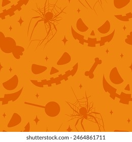 Abstract seamless pattern with spiders, stars, bones, candies, and pumpkin emotions for Halloween. Halloween seamless pattern for printing, textiles, gift products, and backgrounds. Modern pattern