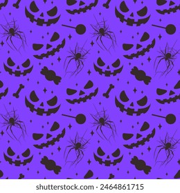 Abstract seamless pattern with spiders, stars, bones, candies, and pumpkin emotions for Halloween. Halloween seamless pattern for printing, textiles, gift products, and backgrounds. Modern pattern