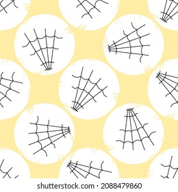 Abstract seamless pattern. Spiderwebs on light yellow background. Hand draw illustration.