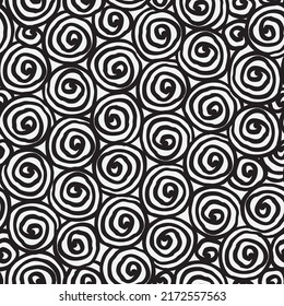 Resumen de un patrón impecable con garabatos negros en espiral sobre un fondo blanco. Fondo de repetición vectorial, impresión gráfica para textiles, ropa, papel de envoltura o papel tapiz. Textura de mano alzada