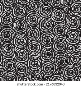 Abstract seamless pattern with spiral doodles on black backdrop. Antistress squiggle freehand texture. Vector repeating background, graphic print for wallpaper, wrapping paper, fabric. Contour drawing