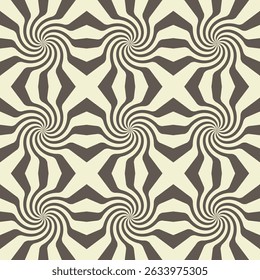 Abstract seamless pattern with spiral twisted black lines. Trendy psychedelic background. Retro design. Distorted texture. Vector flat illustration