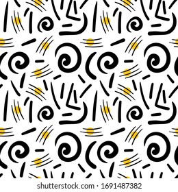 Abstract seamless pattern with spirals, circles, scratches and lines on white background. Vector illustration.