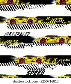 Abstract seamless pattern with sport car, grunge linear repeat background. Yellow speed auto race endless ornament. Repeat print vehicle and grungy textured text Super, Speed, extreme. Chequered flag