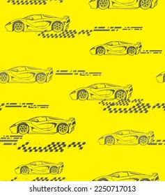 Abstract seamless pattern with sport car linear illustration on yellow background with chequered flag. Endless automobile ornament. Repeat vehicle print.