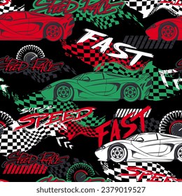 Abstract seamless pattern with sport car, tire tracks background, chequered flag, speedometer, arrow sign. red and Green Automobile endless ornament for boy, sort textile, wrapping paper.