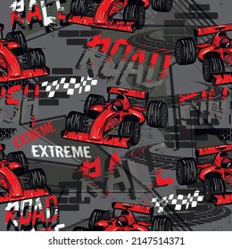 Abstract seamless pattern with sport cars .Bright background with grunge elements for textiles, children's clothes, prints. Pattern for boys