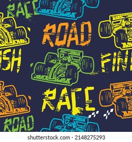 Abstract seamless pattern with sport cars .Bright background with grunge elements for textiles, children's clothes, prints. Pattern for boys