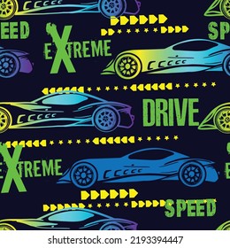 Abstract seamless pattern with sport cars .Bright background with grunge elements for textiles, children's clothes, prints. Pattern for boys