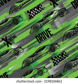 Abstract seamless pattern with sport cars .Bright background with grunge elements for textiles, children's clothes, prints. Pattern for boys