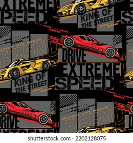 Abstract seamless pattern with sport cars .Bright background with grunge elements for textiles, children's clothes, prints. Pattern for boys