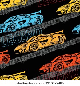 Abstract seamless pattern with sport cars .Bright background with grunge elements for textiles, children's clothes, prints. Pattern for boys