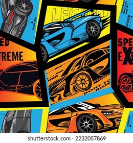 Abstract seamless pattern with sport cars .Bright background with grunge elements for textiles, children's clothes, prints. Pattern for boys