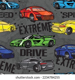 Abstract seamless pattern with sport cars .Bright background with grunge elements for textiles, children's clothes, prints. Pattern for boys