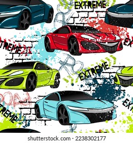 Abstract seamless pattern with sport cars. Bright background with grunge elements for textiles, children's clothes, prints. Pattern for boys