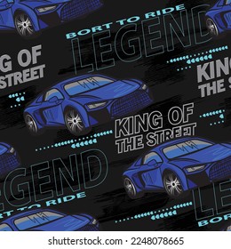 Abstract seamless pattern with sport cars .Bright background with grunge elements for textiles, children's clothes, prints. Pattern for boys
