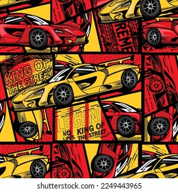 Abstract seamless pattern with sport cars .Bright background with grunge elements for textiles, children's clothes, prints. Pattern for boys