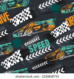 Abstract seamless pattern with sport cars .Bright background with grunge elements for textiles, children's clothes, prints. Pattern for boys