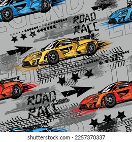 Abstract seamless pattern with sport cars .Bright background with grunge elements for textiles, children's clothes, prints. Pattern for boys