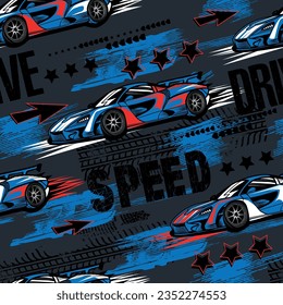 Abstract seamless pattern with sport cars .Bright background with grunge elements for textiles, children's clothes, prints. Pattern for boys