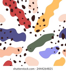 Abstract seamless pattern with spots and blotches on white background. Repeat Multicolored pattern for cover, fabric, wrapping paper, web background. Vector