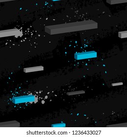 Abstract seamless pattern with spray paint ink and 3d rectangles on black background. 