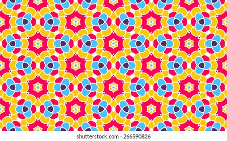 Abstract seamless pattern, spring retro fashion fabric,  pink, blue, yellow background