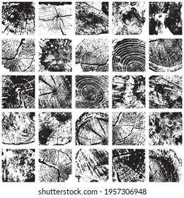 Abstract seamless pattern with square black imprints of wood saw cuts and cross-sections on a light backdrop. Monochrome vector background consisting of various timber textures in grunge style.