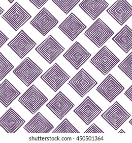 abstract seamless pattern of square purple hand-drawn spirals on a white background