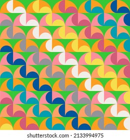 Abstract seamless pattern of square, quarter circle and half circle, multicolor, colorful