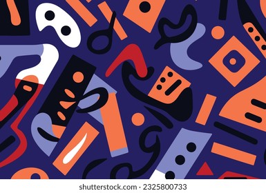 abstract seamless pattern of square, triangle and other shapes in blue, orange and red, in the style of playful and ironic, dark navy and violet, memphis design, distorted figures, african patterns