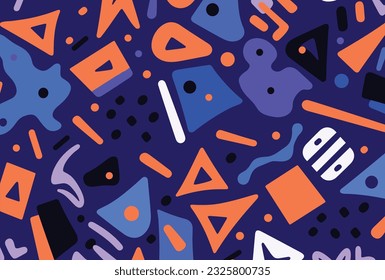 abstract seamless pattern of square, triangle and other shapes in blue, orange and red, in the style of playful and ironic, dark navy and violet, memphis design, distorted figures, african patterns