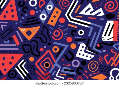 abstract seamless pattern of square, triangle and other shapes in blue, orange and red, in the style of playful and ironic, dark navy and violet, memphis design, distorted figures, african patterns