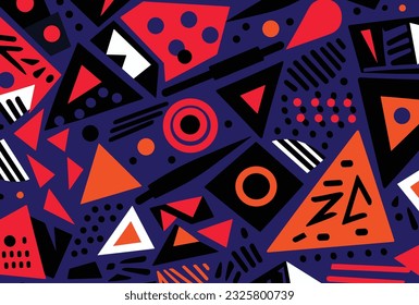 abstract seamless pattern of square, triangle and other shapes in blue, orange and red, in the style of playful and ironic, dark navy and violet, memphis design, distorted figures, african patterns