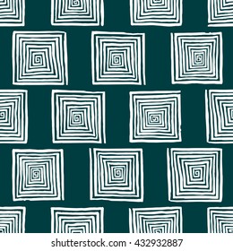 abstract seamless pattern of square white hand-drawn spirals on a dark turquoise background