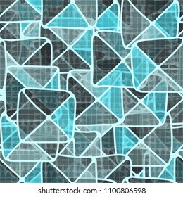 Abstract. Seamless pattern. The squares are divided into triangles. Multicolored. Strange network.