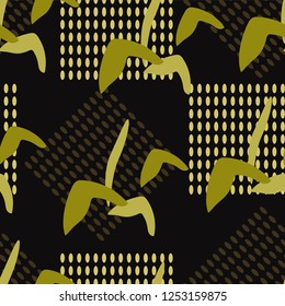 abstract seamless pattern of squares and leaves on a dark background vector