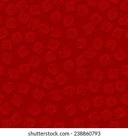 Abstract seamless pattern of squares with leaves and circles. In reds, doodle style. Can be used to design the covers of books, notebooks, CD, paper and others.