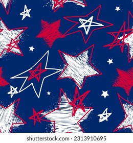 Abstract seamless pattern with stars in American flag colors. USA endless print for sport textile, fashion clothes, wrapping paper. Grunge stars repeat print. Sketch style star ornament.