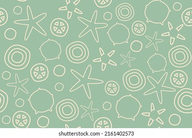Abstract seamless pattern with stars and dots isolated on olive green background. Can be used for fabric,fashion print,cloth, textile,tile,wrapping,covers,carpet and decor paper.