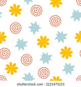 Abstract seamless pattern with stars, round shapes and daisy flowers. Trendy print for tee, textile and fabric. Retro vector illustration for decor and design.
