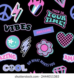 Abstract seamless pattern with stickers  on retro style. Funny background. Wallpaper for cool teen girl