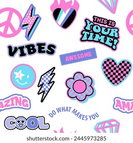 Abstract seamless pattern with stickers  on retro style. Funny background. Wallpaper for cool teen girl