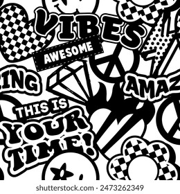 Abstract seamless pattern with stickers  on retro style. Funny background. Wallpaper for cool teen girl