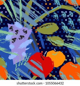Patrón abstracto sin fisuras. Todavía la vida, mesa, jarrón, manzanas, expresión, viento, pintura.