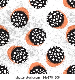 Abstract seamless pattern. Strange circles and dots on a white background. Digital paper. Vector retro illustration.