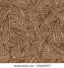 abstract seamless pattern, straw, textured surface of field and meadow, chaotic wooden ornament, vector illustration with brown lines on creamy background in doodle and hand drawn style