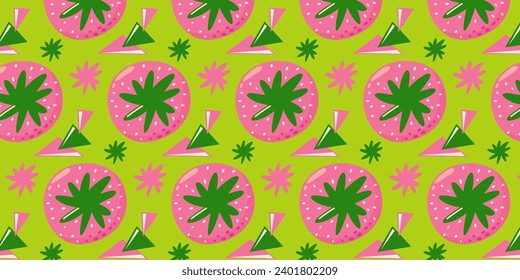 Abstract seamless pattern with strawberries, geometric shapes. Summer berry vector illustration for paper, cover, fabric, gift wrap. Cartoon flat style